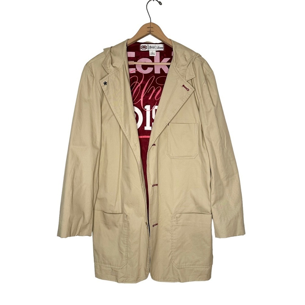Ecko Unlimited | Khaki Button Down Hooded Trench Coat Size Large